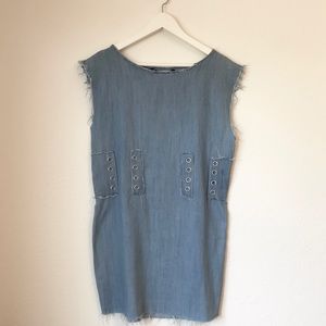 Zara Trafaluc Denim Chambray Frayed Dress M